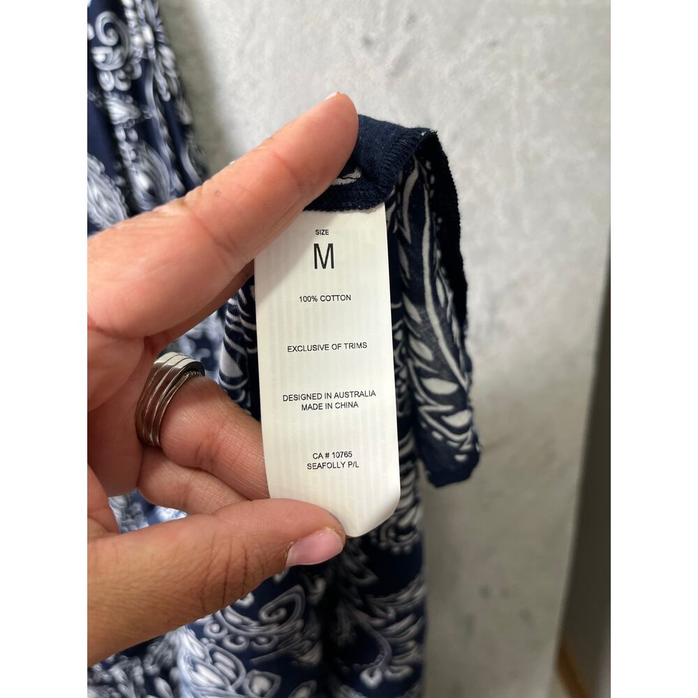 Seafolly Folklore Midi Dress True Navy Boho Coastal Resort Flowy Sundress MD New - Picture 5 of 7